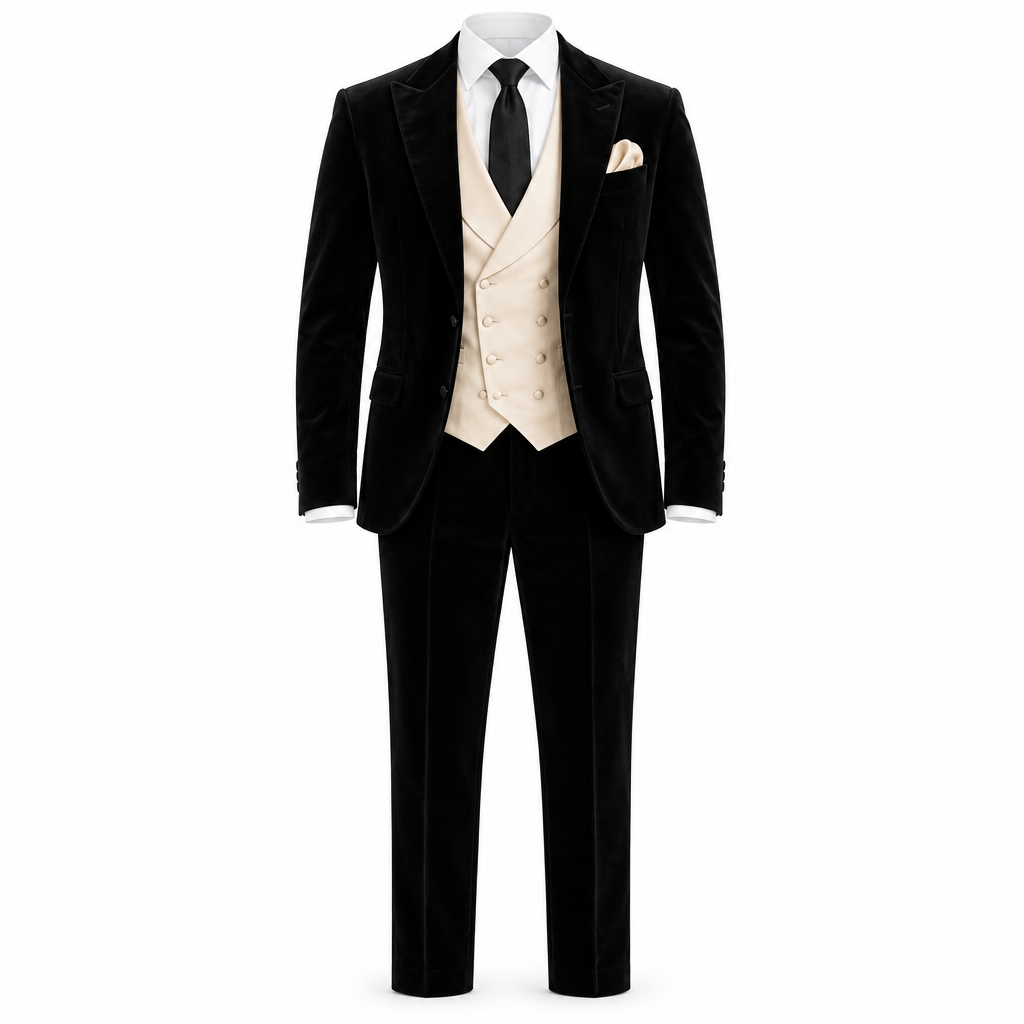 Black Peak Lapel Tuxedo with Champagne Vest