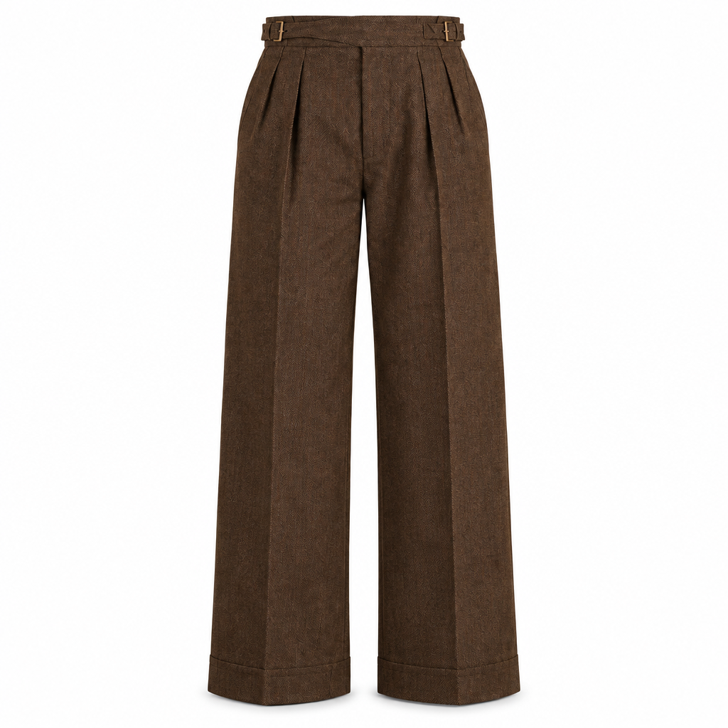 Brown Pleated Wool Blend Trousers