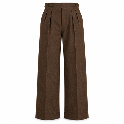 Brown Pleated Wool Blend Trousers