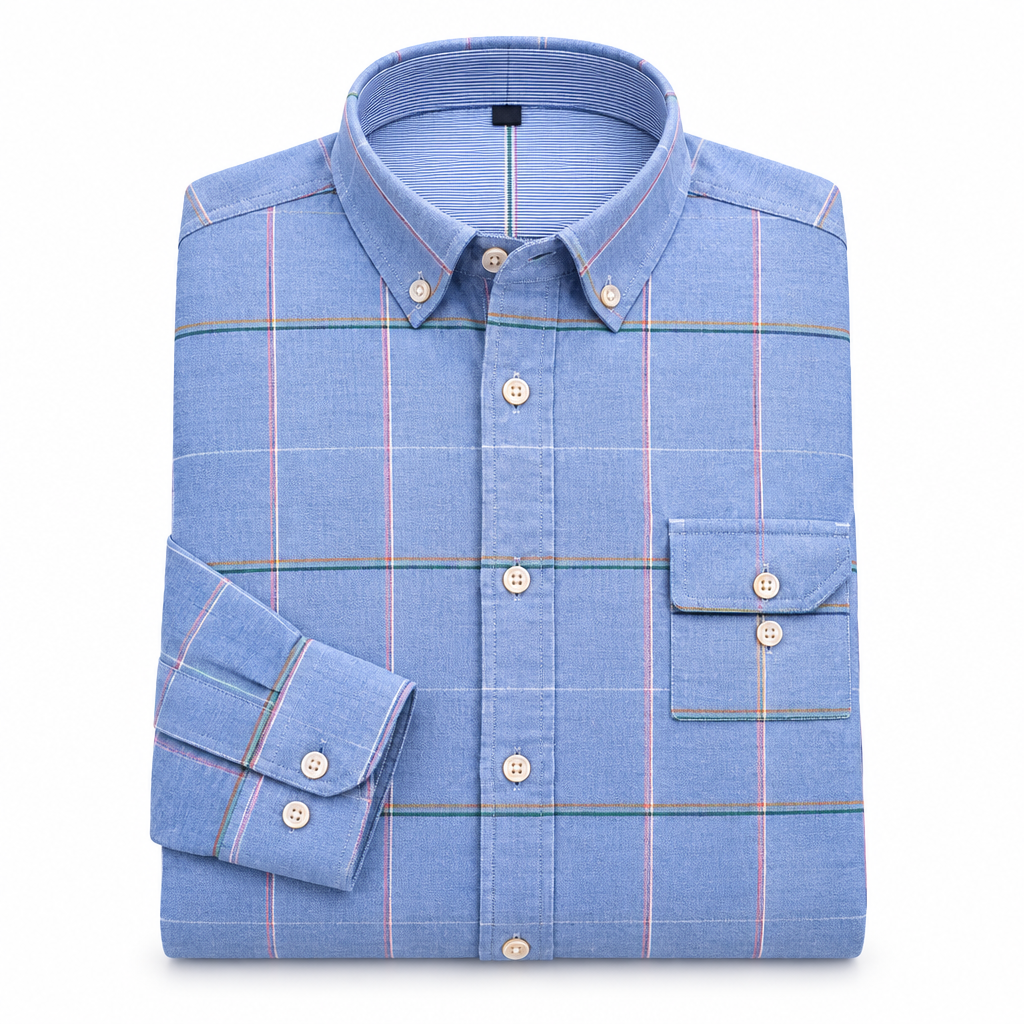 Blue Check Cotton Oxford Dress Shirt