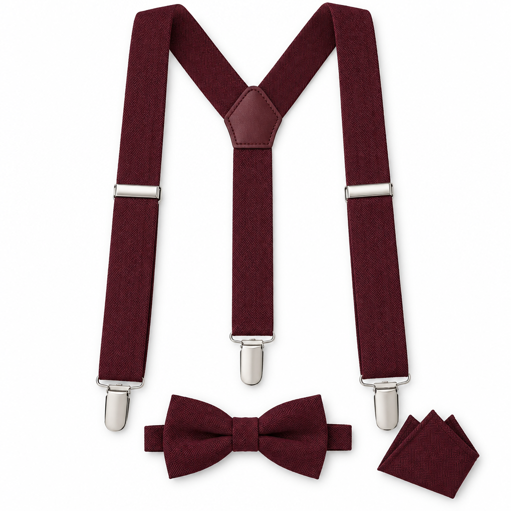 Burgundy Bow Tie Suspenders and Pocket Square Set