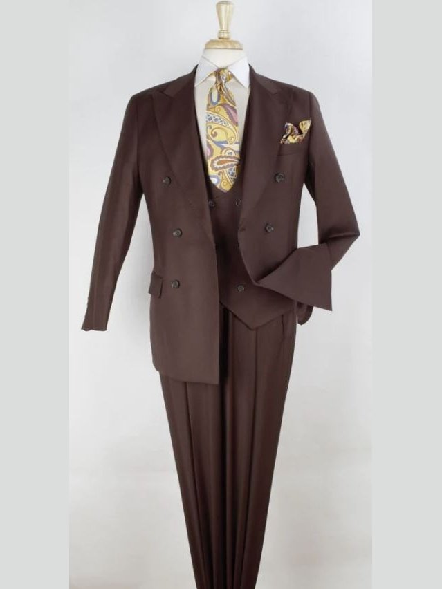 Men's Brown Classic Fit Wool Double Breasted 3-Piece Suit