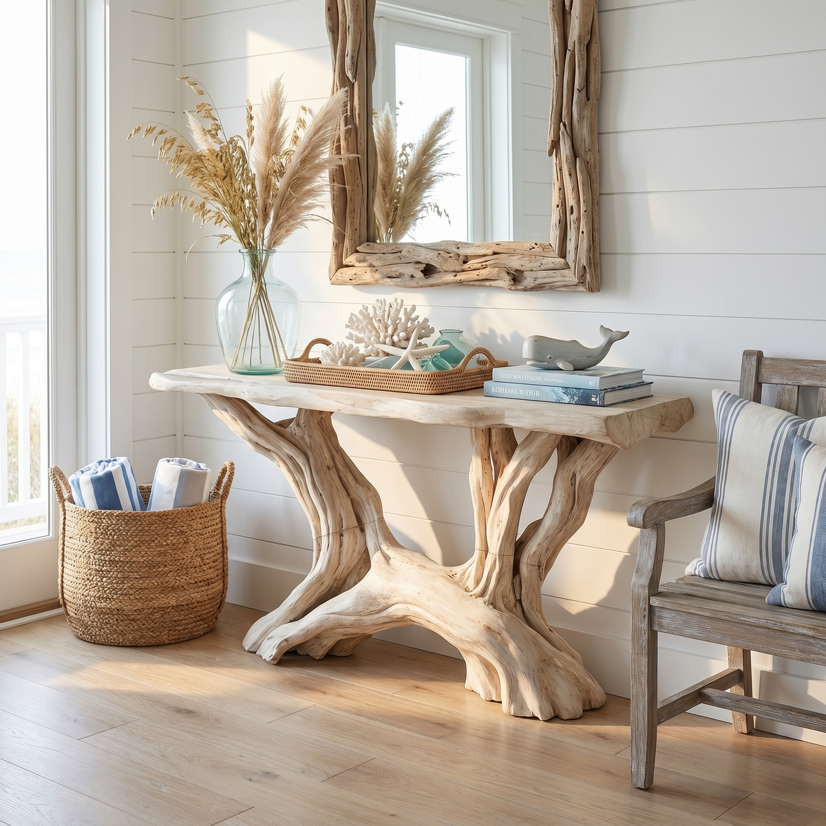 Rustic Organic Solid Wood Console Table with Open Shelving