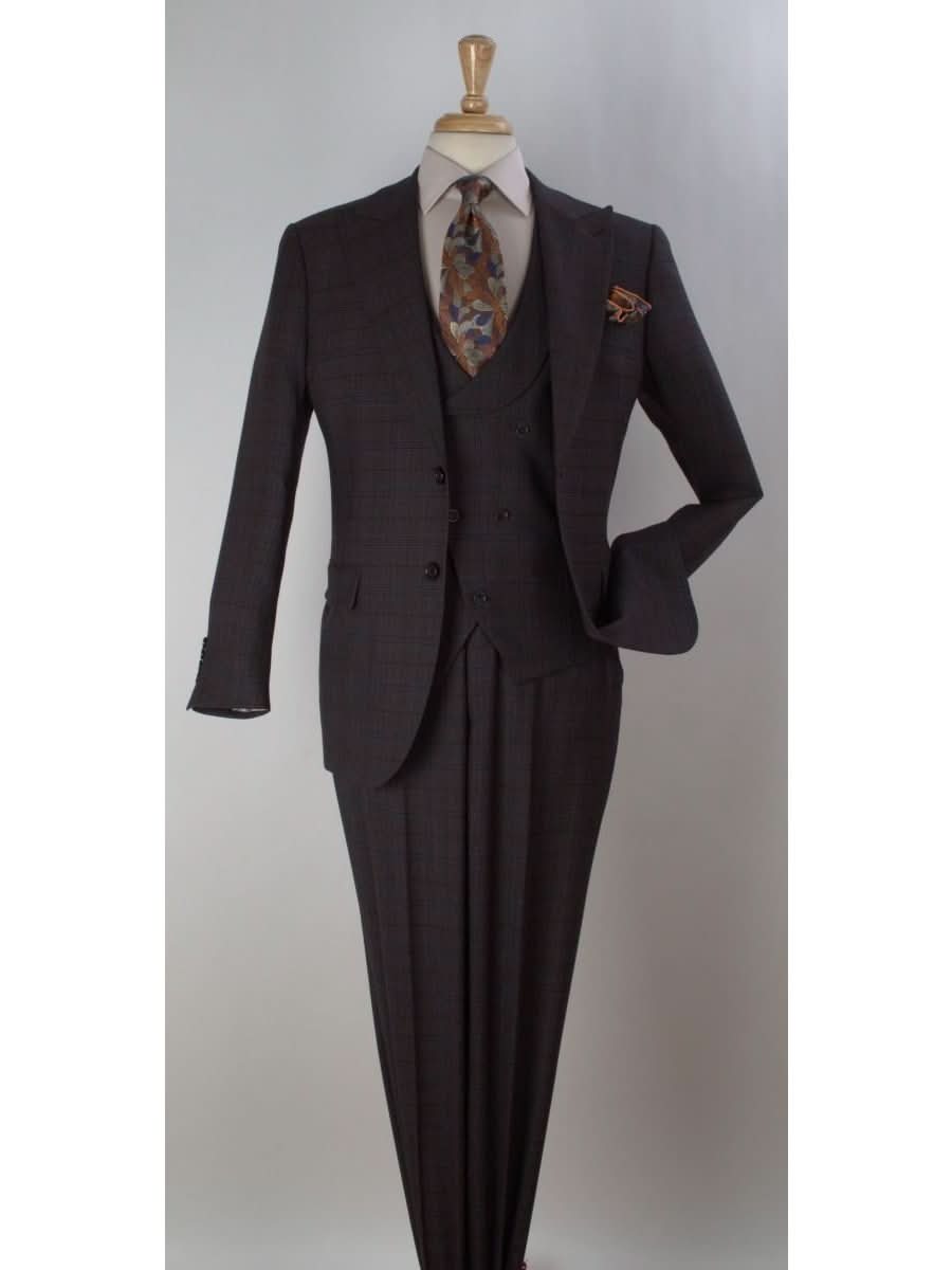 Men's Brown Plaid Regular Fit Wool 3-Piece Suit Peak Lapels
