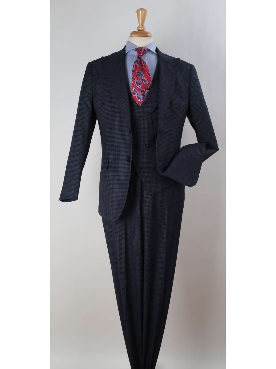 Men's Blue Check Regular Fit Wool 3-Piece Suit Peak Lapels