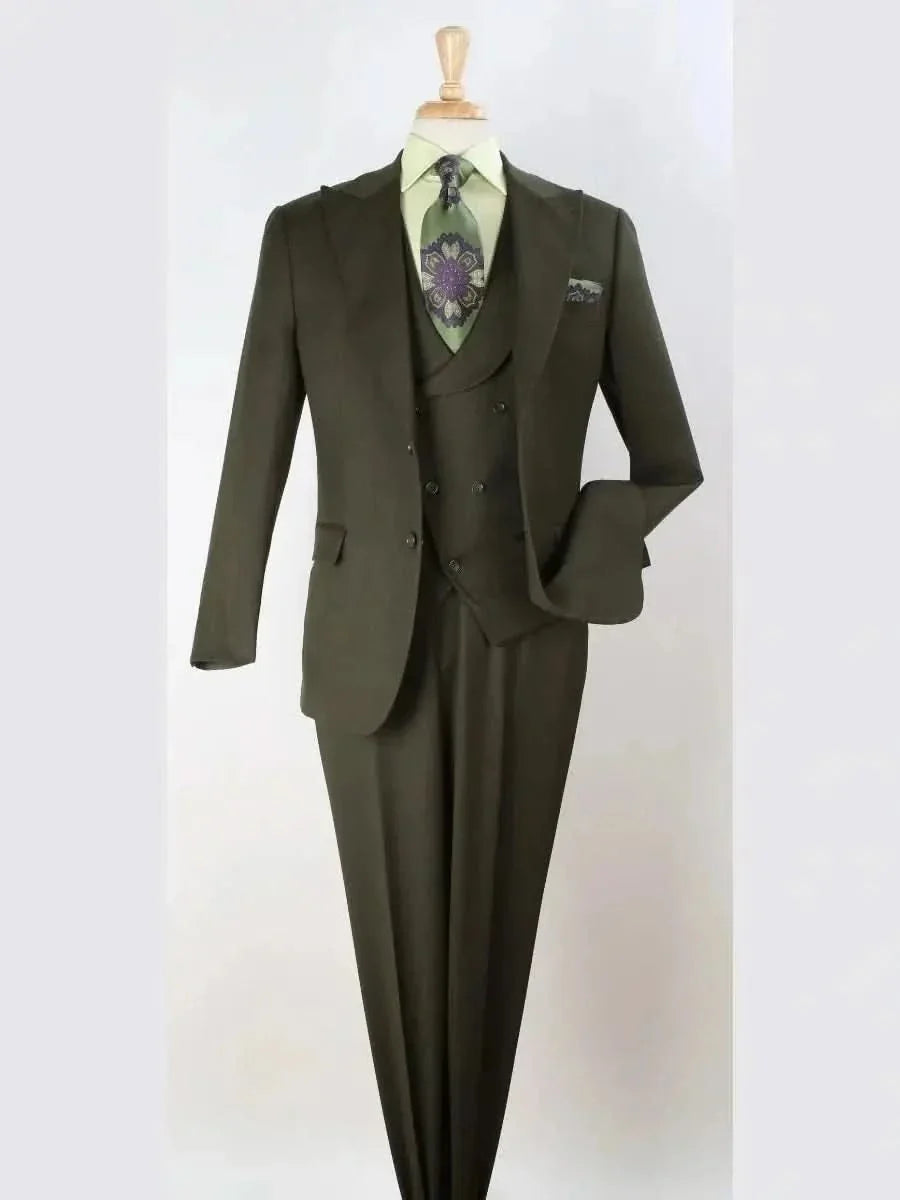 Men's Olive Green Regular Fit Wool 3-Piece Suit Peak Lapels