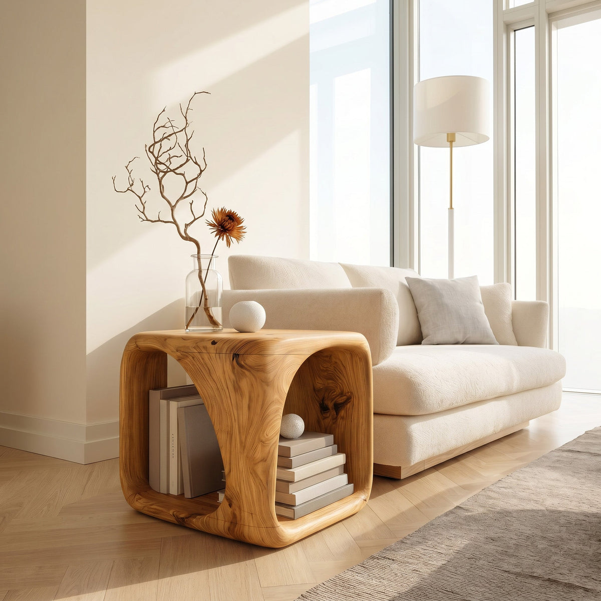 Solid Wood Waterfall Side Table with Open Hollow Center in Oak finish