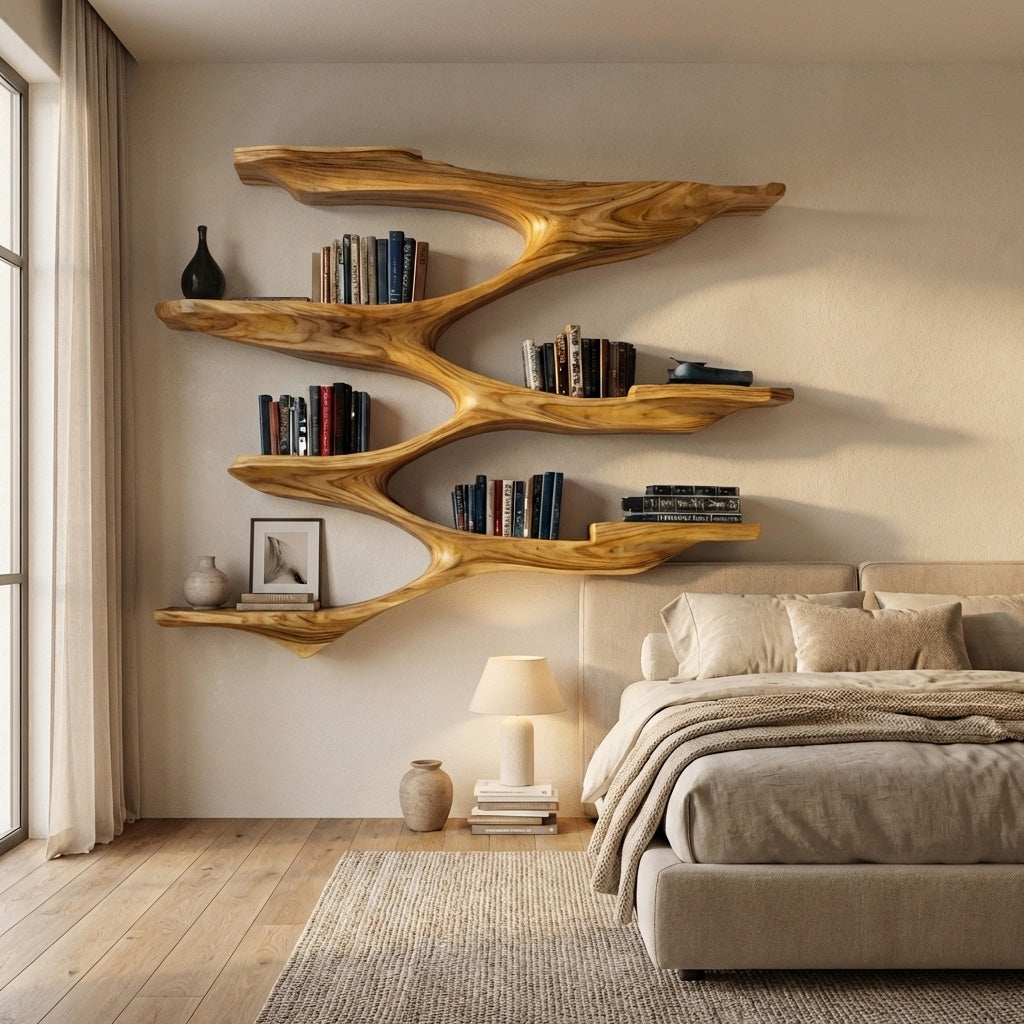 Mid-Century Solid Wood Wall Shelf with Sculptural Tiered Spine in Oak finish