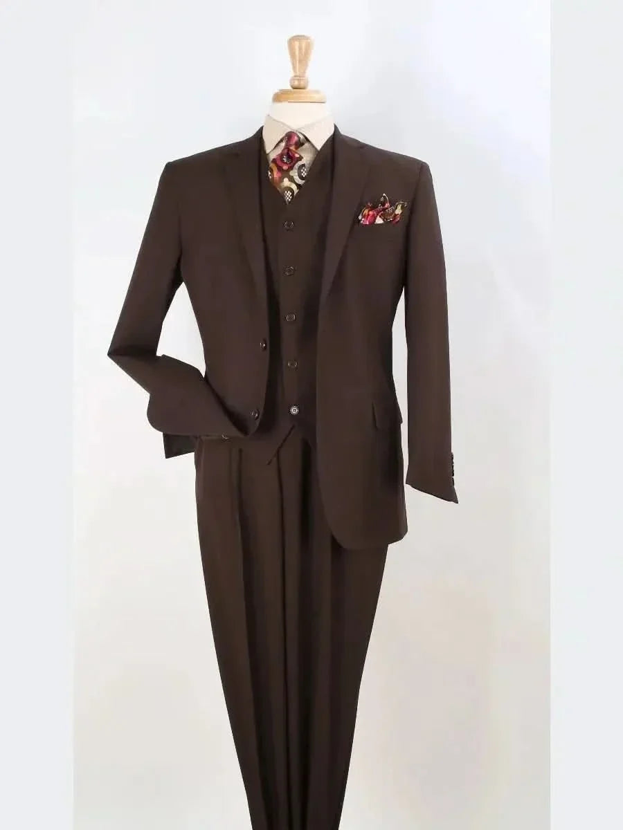 Men's Solid Brown Classic Fit 3-Piece Wool Suit