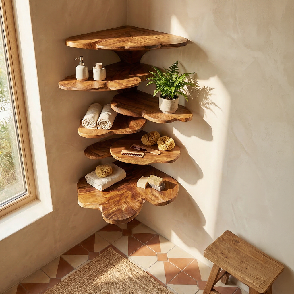 Boho Leaf-Shaped Solid Wood Corner Shelf for Nursery Walls - view 2
