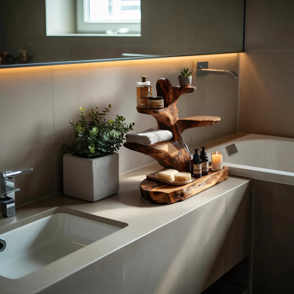 Modern Organic Solid Wood Countertop Bathroom Shelf with Tiers - view 3