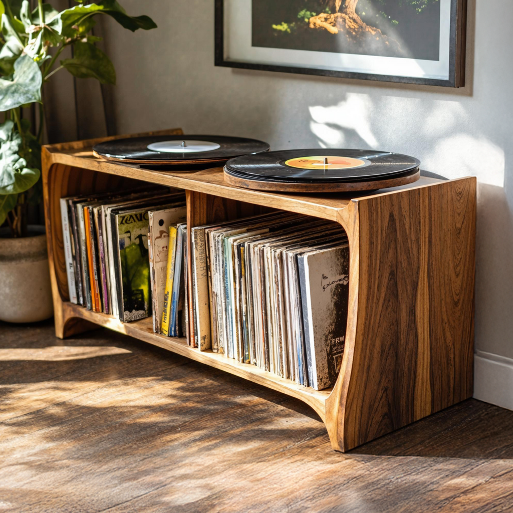 Mid-Century Low Record Player Stand in Natural Wood