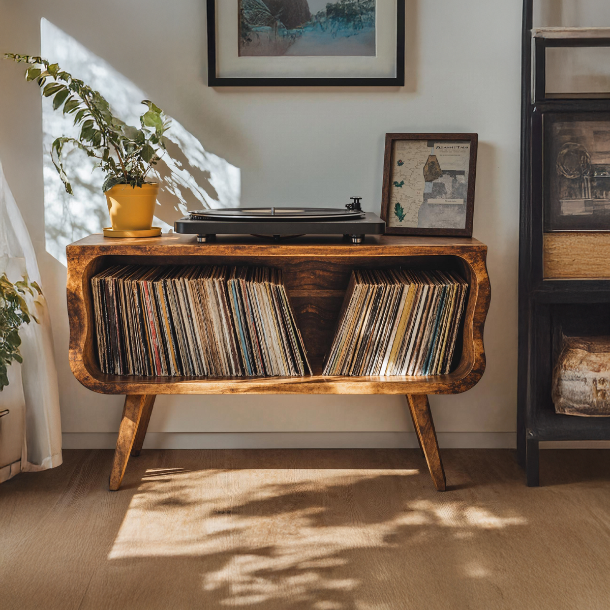 Rustic Natural Wood Record Player Stand in Minimalist Style