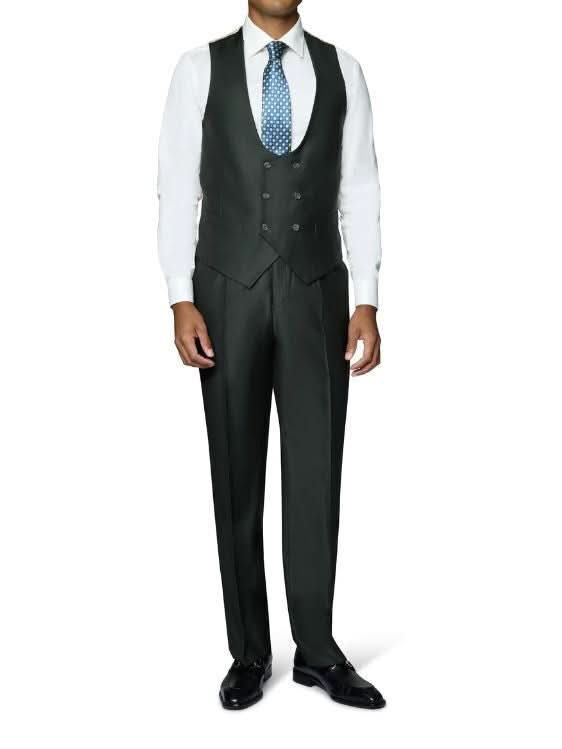 Men's Solid Olive Wool Classic Fit Vested Suit