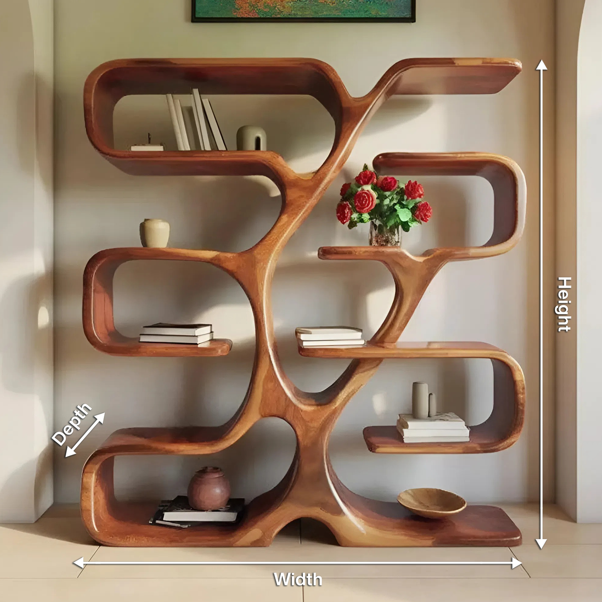 Wall-Mounted Live Edge Bookshelf with Radiating Plank Shelves - view 8
