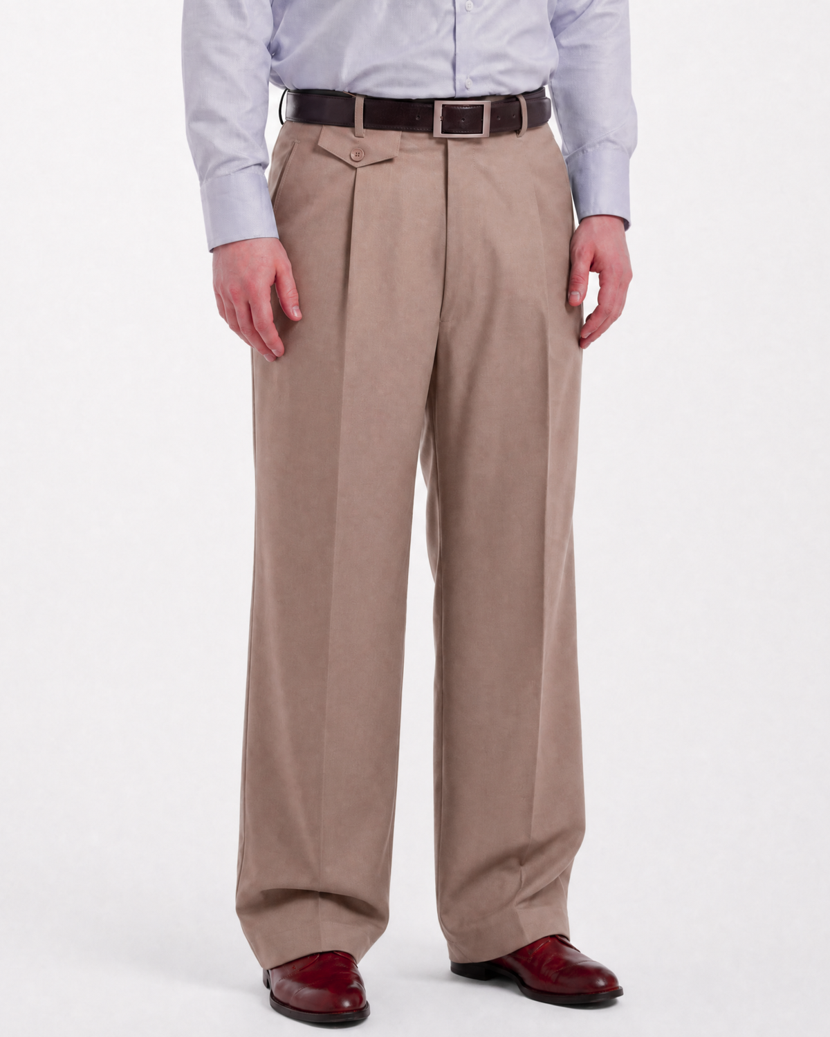 Men's Classic Fit Solid Beige Tan Pleated Wool Wide Leg Dress Pants
