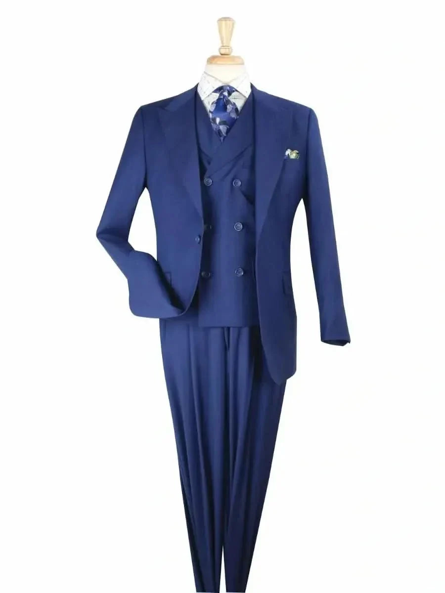 Men's Solid Blue Wool Classic Fit 3-Piece Pleated Suit Peak Lapels