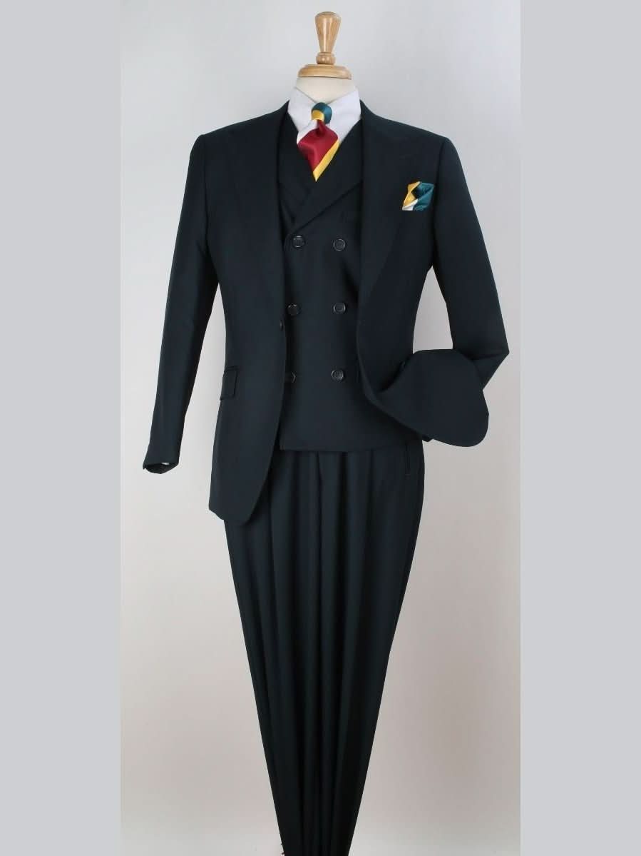Men's Solid Green Wool Classic Fit 3-Piece Suit Peak Lapels