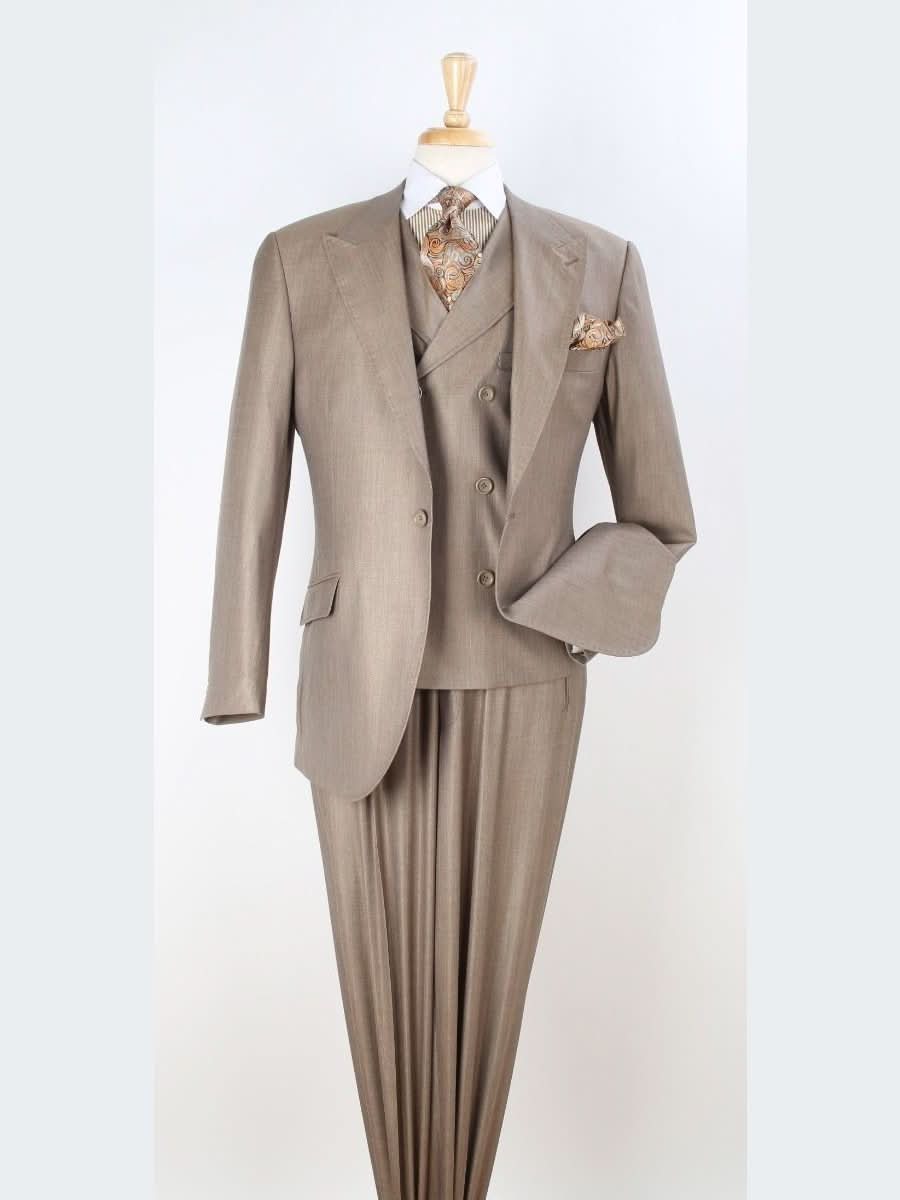 Men's Classic Fit Tan Wool 3-Piece Pleated Suit Peak Lapels