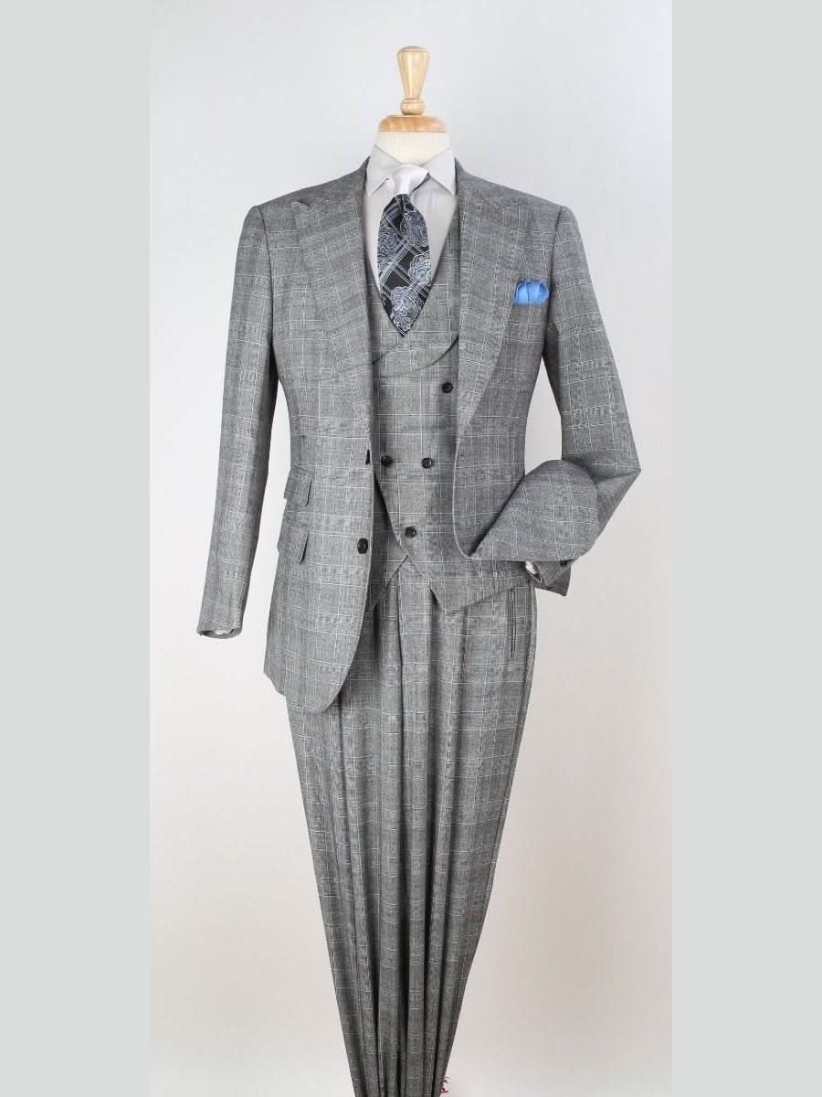 Men's Classic Fit Gray Plaid 3-Piece Wool Suit Peak Lapels