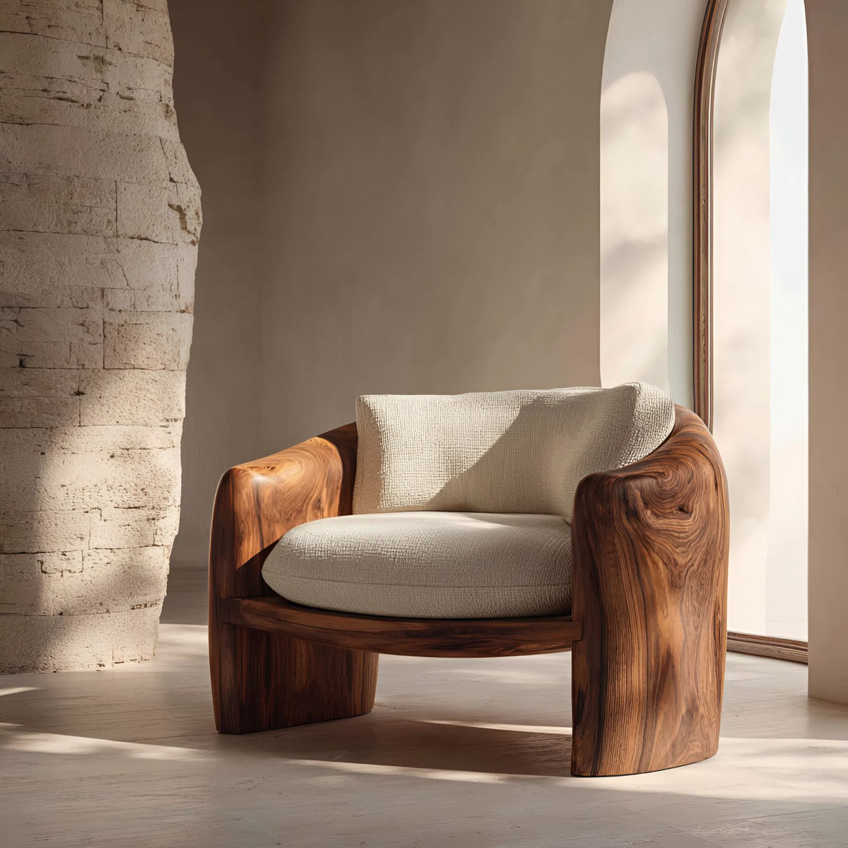 Modern Organic Wood Lounge Chair with Sculpted Frame and Cushions - view 3