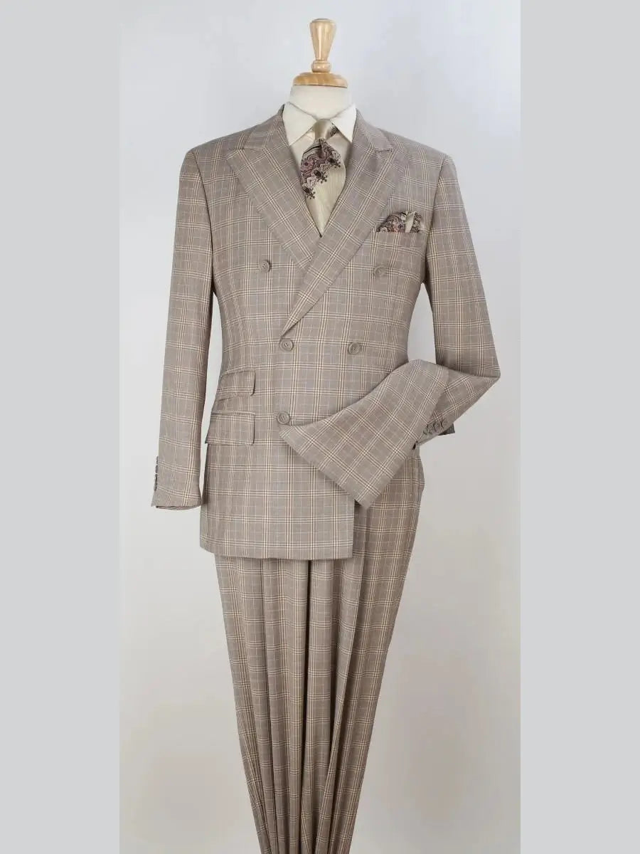 Men's Brown Plaid Classic Fit Wool Double Breasted 3-Piece Suit
