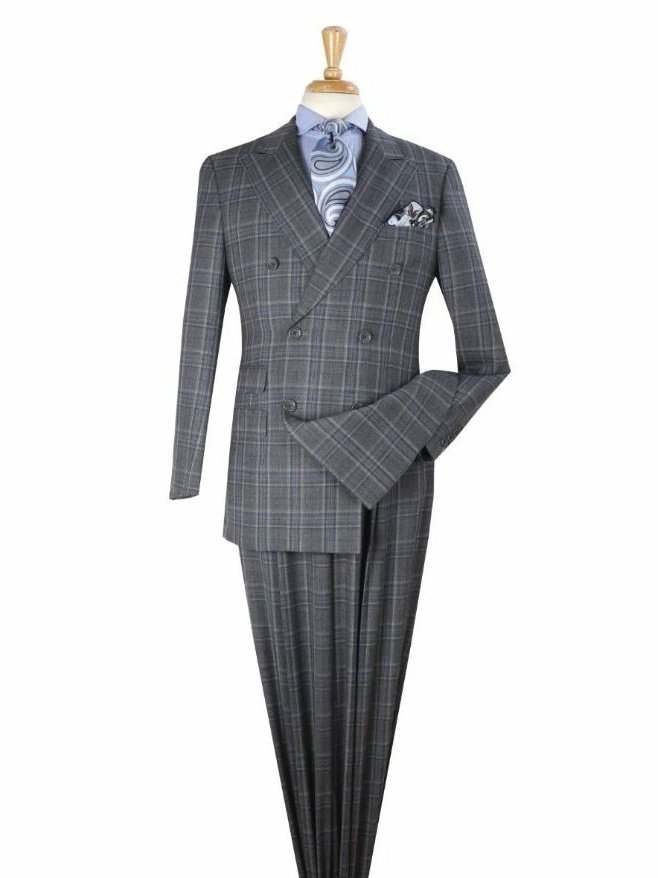 Men's Gray Plaid Classic Fit Wool Double Breasted 3-Piece Suit
